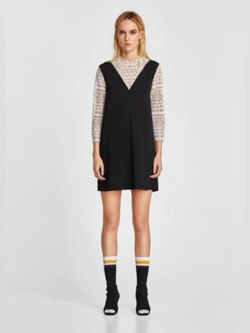 Anthropologie CeCe Black Shift Mini Dress Lace Sleeve V-Neck Elegant Size 8  NWT